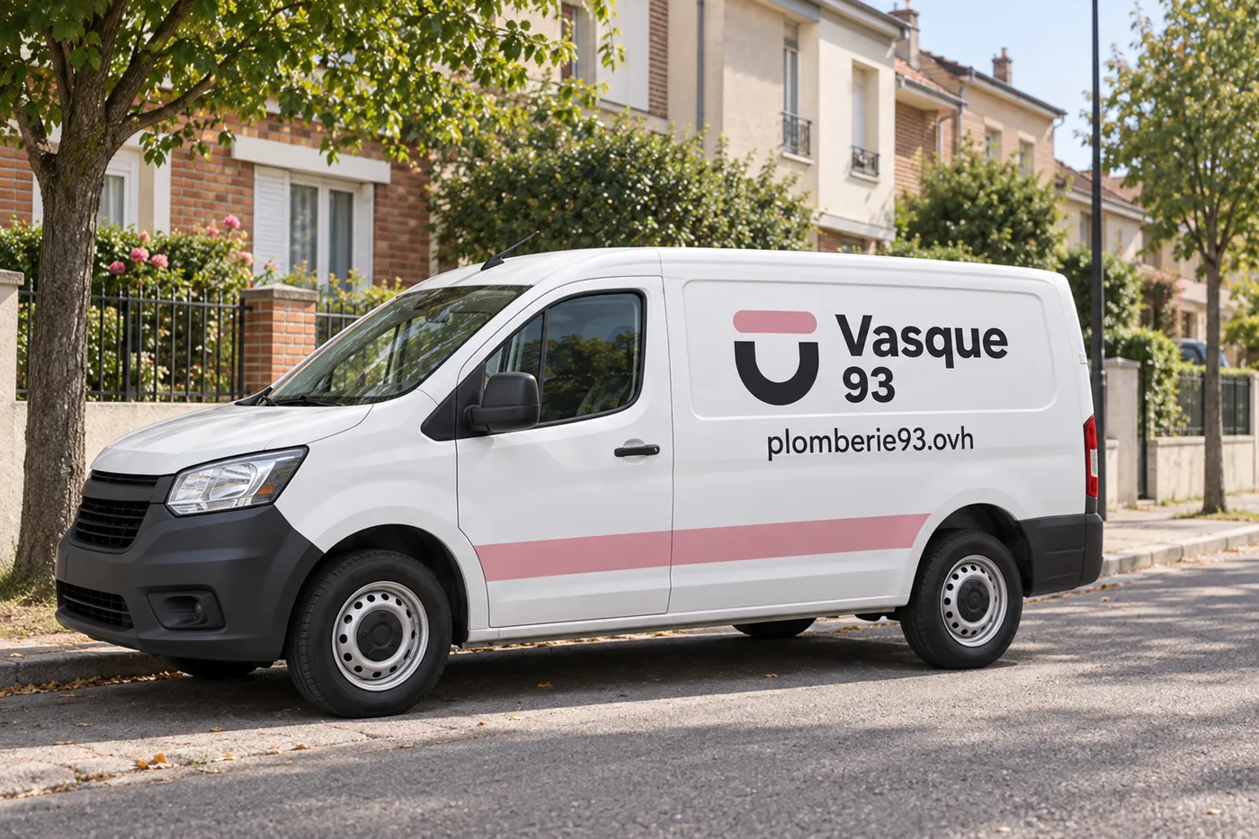 Camionnette blanche aux couleurs de Vasque 93 garée dans une rue résidentielle de Seine-Saint-Denis